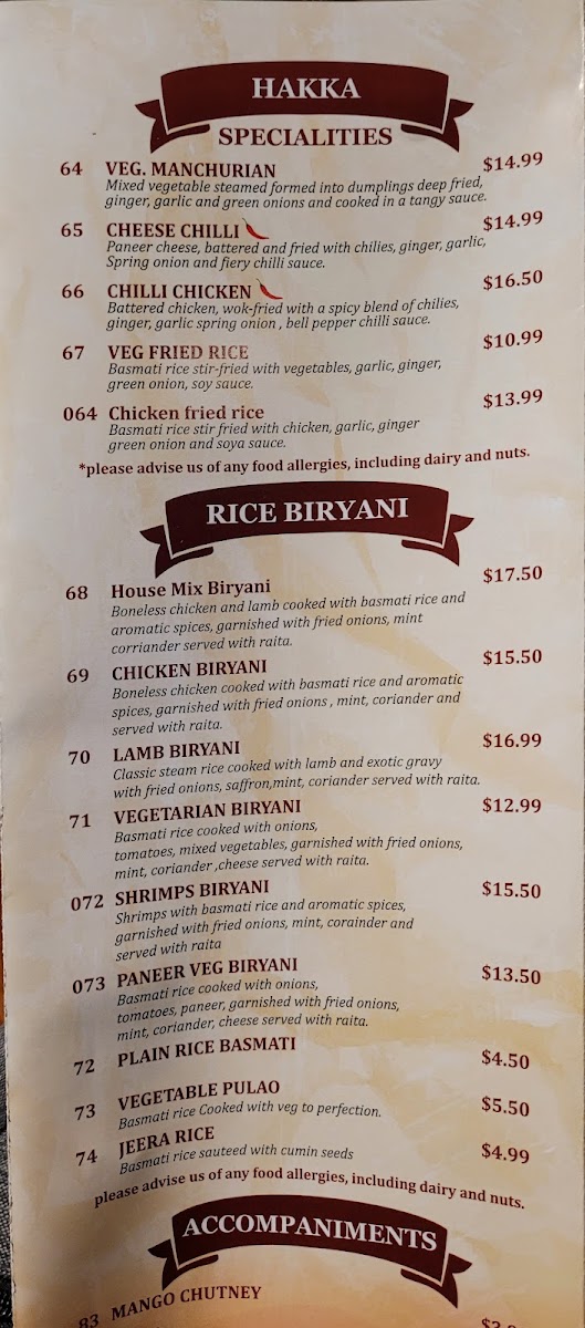 Menu - Prince Of India BurlingtonPhoto Menu9